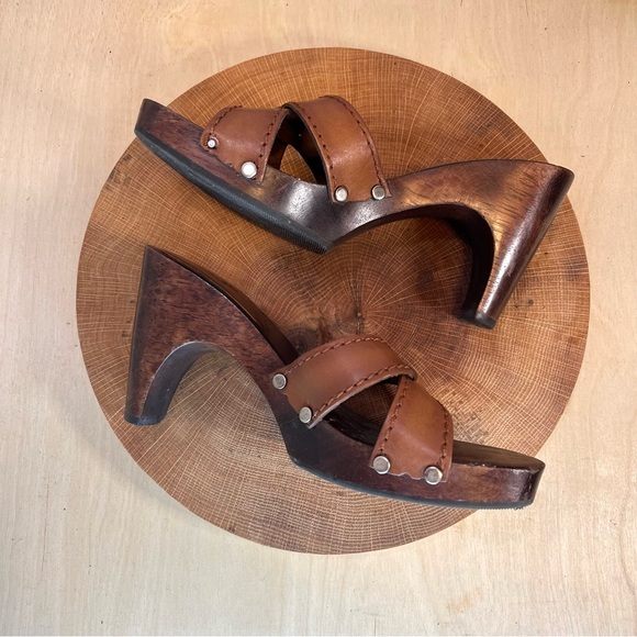 *NXP | "Twiggy" Vintage Made in Brazil Wooden Heeled Leather Straps Sandals 6.5 - Picture 9 of 16